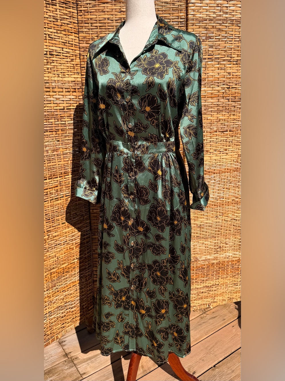 Green Floral Satin Shirt Dress